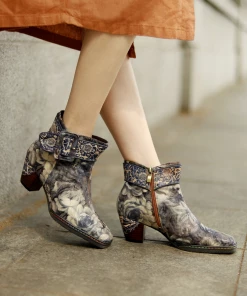 SOFFIA | Grey Floral Buckle Leather Moto Ankle Boots S/S 2022