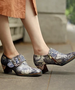 New In Shoes SOFFIA | Grey Embossed Floral Buckle Genuine Leather Bootie Mid Heel Loafers