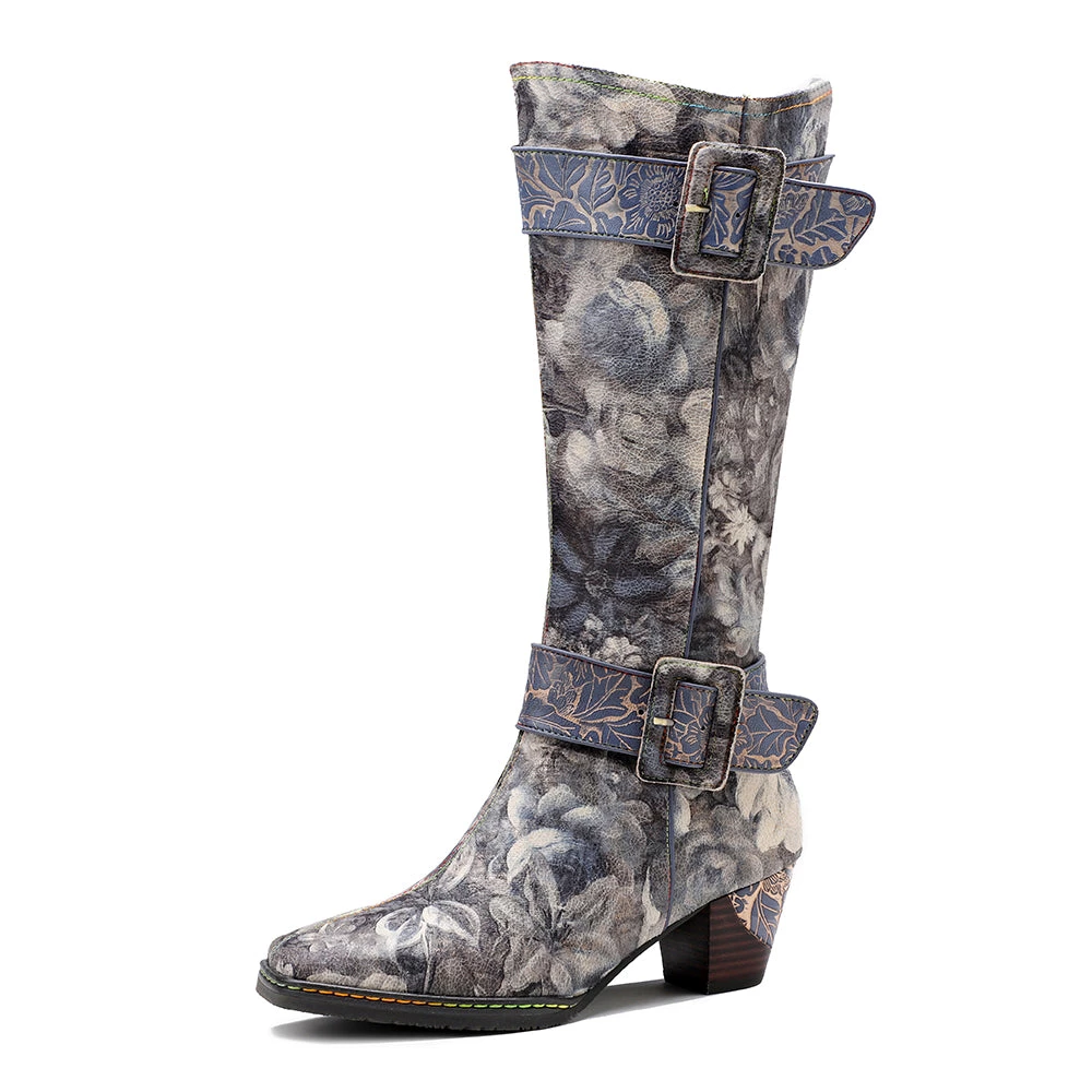 NEW ARRIVALS Genuine Leather Stripe & Smoke Floral Buckle Knight Heel Knee Boots- SOFFIA 2 NEW ARRIVALS Genuine Leather Stripe & Smoke Floral Buckle Knight Heel Knee Boots- SOFFIA