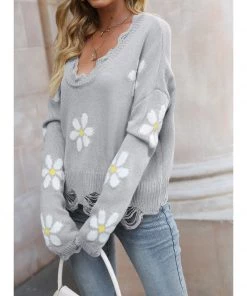 QDYH New In Clothing Smaibulun | Grey Daisy Ripped Detailed Knit Sweater