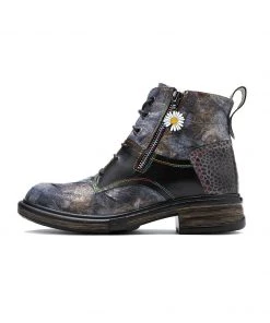 New In Shoes SOFFIA | Genuine Leather Grey Tie Dye Distress-Contrast Combat Boots
