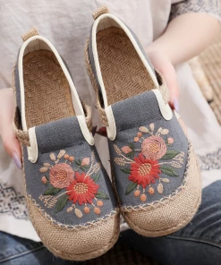 TC New In Shoes Cactus Rose | Double Kiss Floral Embroidered Linen Espadrilles - Grey