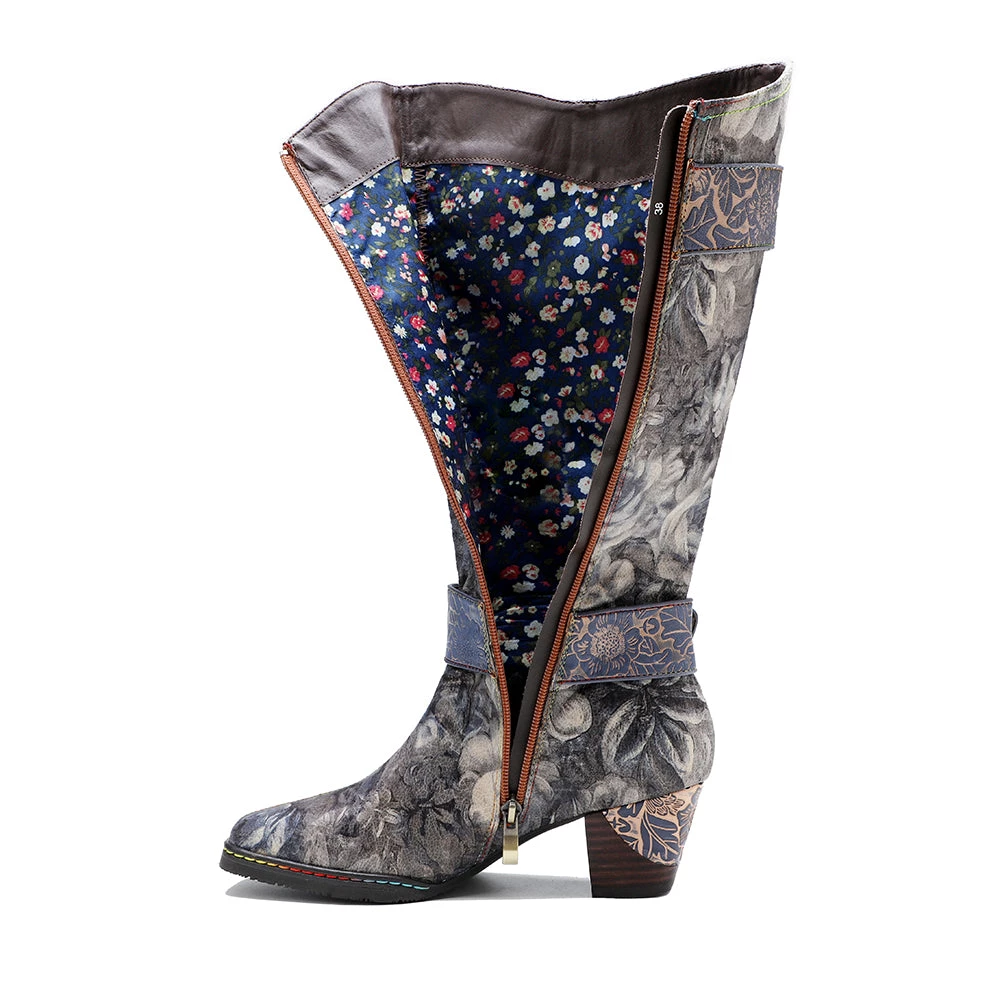 NEW ARRIVALS Genuine Leather Stripe & Smoke Floral Buckle Knight Heel Knee Boots- SOFFIA 3 NEW ARRIVALS Genuine Leather Stripe & Smoke Floral Buckle Knight Heel Knee Boots- SOFFIA