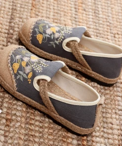 TC New In Shoes Cactus Rose | Field Corn Embroidered Linen Round Toe Espadrilles Loafers - Grey