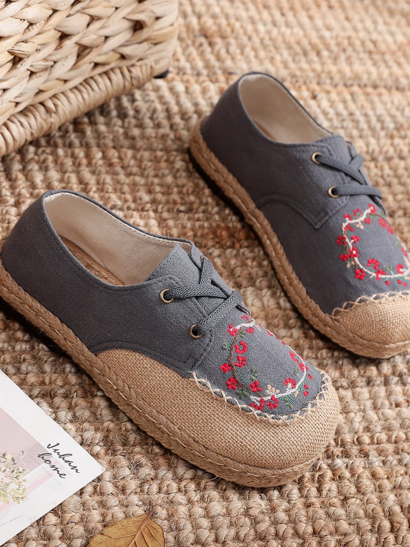 TC Cactus Rose | Wreath Floral Embroidered Linen Boat Shoe - Grey New In Shoes 3 TC Cactus Rose | Wreath Floral Embroidered Linen Boat Shoe - Grey New In Shoes