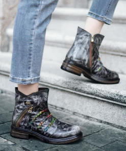 SOFFIA | Rainbow Stitch Lily Embossed Genuine Leather Ankle Boots NEW ARRIVALS