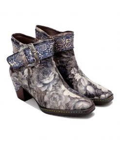 SOFFIA | Grey Floral Buckle Leather Moto Ankle Boots S/S 2022