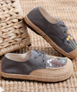 TC New In Shoes Cactus Rose | Garden Embroidered Linen Boat Shoes Espadrilles - Grey
