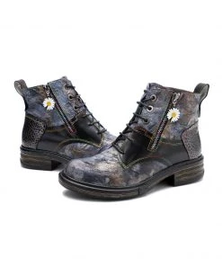 New In Shoes SOFFIA | Genuine Leather Grey Tie Dye Distress-Contrast Combat Boots