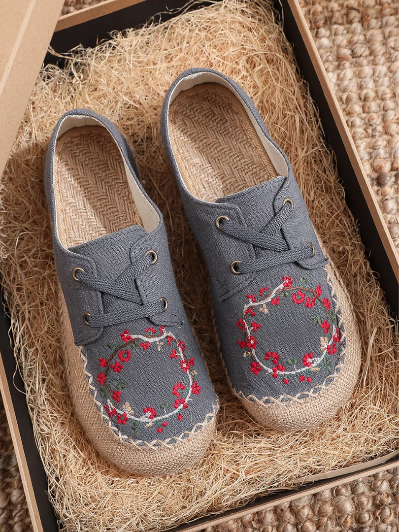 TC Cactus Rose | Wreath Floral Embroidered Linen Boat Shoe - Grey New In Shoes 4 TC Cactus Rose | Wreath Floral Embroidered Linen Boat Shoe - Grey New In Shoes