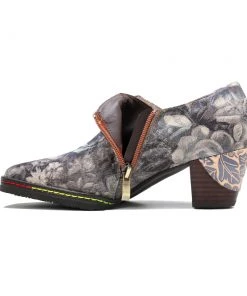 New In Shoes SOFFIA | Grey Embossed Floral Buckle Genuine Leather Bootie Mid Heel Loafers