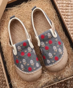 TC Cactus Rose | Berry Blossom Embroidered Linen Espadrilles - Grey