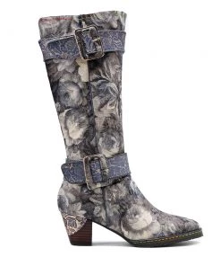 NEW ARRIVALS Genuine Leather Stripe & Smoke Floral Buckle Knight Heel Knee Boots- SOFFIA 9 NEW ARRIVALS Genuine Leather Stripe & Smoke Floral Buckle Knight Heel Knee Boots- SOFFIA