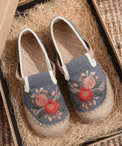 TC New In Shoes Cactus Rose | Double Kiss Floral Embroidered Linen Espadrilles - Grey