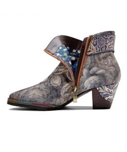 SOFFIA | Grey Floral Buckle Leather Moto Ankle Boots S/S 2022