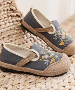 TC New In Shoes Cactus Rose | Field Corn Embroidered Linen Round Toe Espadrilles Loafers - Grey