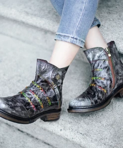 SOFFIA | Rainbow Stitch Lily Embossed Genuine Leather Ankle Boots NEW ARRIVALS