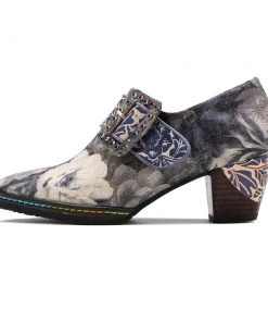 New In Shoes SOFFIA | Grey Embossed Floral Buckle Genuine Leather Bootie Mid Heel Loafers