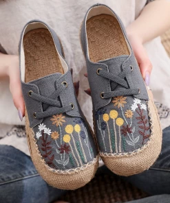 TC New In Shoes Cactus Rose | Garden Embroidered Linen Boat Shoes Espadrilles - Grey