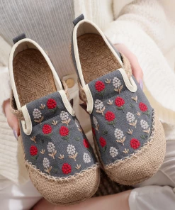 TC Cactus Rose | Berry Blossom Embroidered Linen Espadrilles - Grey