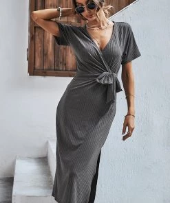 DY New In Clothing CLARETTA French Rib Midi Dress - Iron Grey