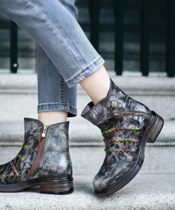 SOFFIA | Rainbow Stitch Lily Embossed Genuine Leather Ankle Boots NEW ARRIVALS