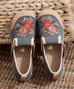 TC New In Shoes Cactus Rose | Double Kiss Floral Embroidered Linen Espadrilles - Grey