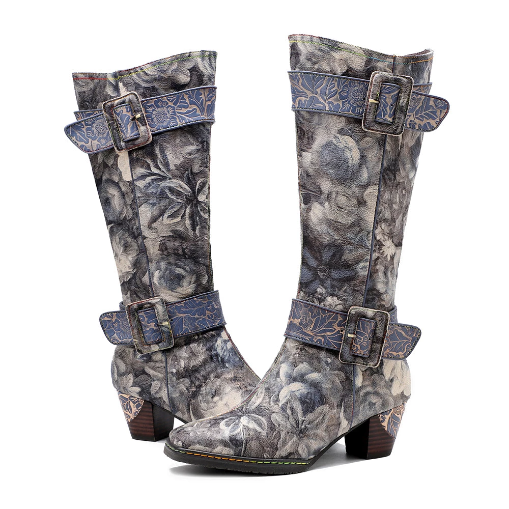 NEW ARRIVALS Genuine Leather Stripe & Smoke Floral Buckle Knight Heel Knee Boots- SOFFIA 5 NEW ARRIVALS Genuine Leather Stripe & Smoke Floral Buckle Knight Heel Knee Boots- SOFFIA