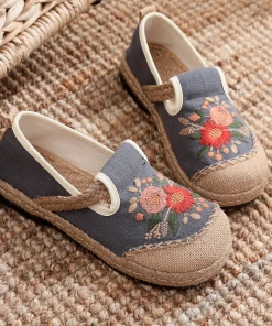 TC New In Shoes Cactus Rose | Double Kiss Floral Embroidered Linen Espadrilles - Grey