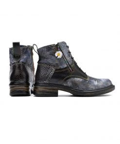 New In Shoes SOFFIA | Genuine Leather Grey Tie Dye Distress-Contrast Combat Boots