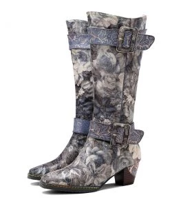 NEW ARRIVALS Genuine Leather Stripe & Smoke Floral Buckle Knight Heel Knee Boots- SOFFIA 11 NEW ARRIVALS Genuine Leather Stripe & Smoke Floral Buckle Knight Heel Knee Boots- SOFFIA