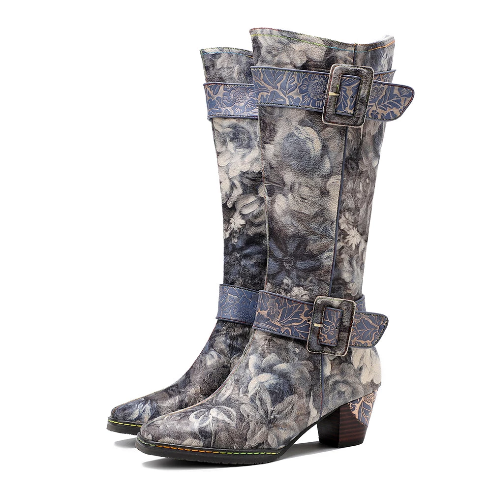 NEW ARRIVALS Genuine Leather Stripe & Smoke Floral Buckle Knight Heel Knee Boots- SOFFIA 6 NEW ARRIVALS Genuine Leather Stripe & Smoke Floral Buckle Knight Heel Knee Boots- SOFFIA
