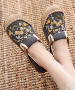 TC New In Shoes Cactus Rose | Field Corn Embroidered Linen Round Toe Espadrilles Loafers - Grey