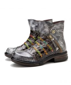 SOFFIA | Rainbow Stitch Lily Embossed Genuine Leather Ankle Boots NEW ARRIVALS