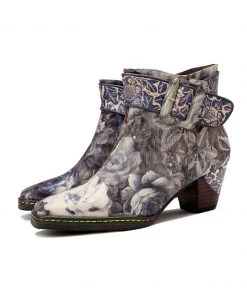 SOFFIA | Grey Floral Buckle Leather Moto Ankle Boots S/S 2022