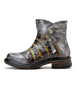 SOFFIA | Rainbow Stitch Lily Embossed Genuine Leather Ankle Boots NEW ARRIVALS