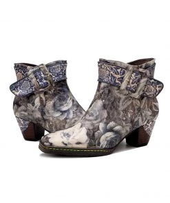 SOFFIA | Grey Floral Buckle Leather Moto Ankle Boots S/S 2022