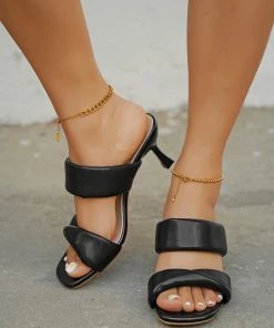 HT En Bloom | Black Double Strap Kitten Heels Slides