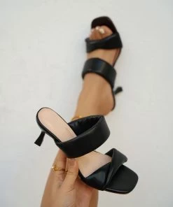 HT En Bloom | Black Double Strap Kitten Heels Slides