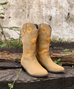 YL En Bloom | Sunflower Mid-Calf Knee Cowboy Boots - Beige