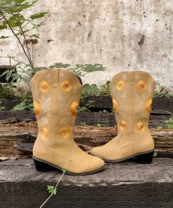 YL En Bloom | Sunflower Mid-Calf Knee Cowboy Boots - Beige