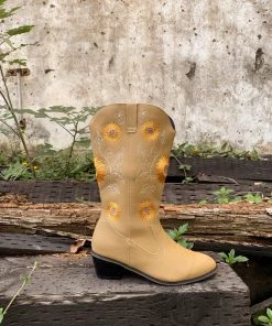 YL En Bloom | Sunflower Mid-Calf Knee Cowboy Boots - Beige