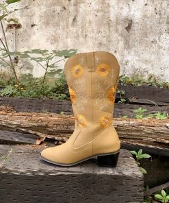 YL En Bloom | Sunflower Mid-Calf Knee Cowboy Boots - Beige