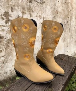 SMAIBULUN Sales 34 YL En Bloom | Sunflower Mid-Calf Knee Cowboy Boots - Beige