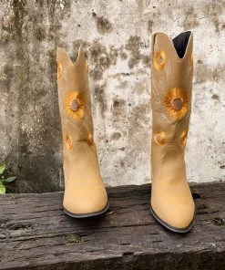 YL En Bloom | Sunflower Mid-Calf Knee Cowboy Boots - Beige