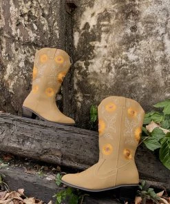 YL En Bloom | Sunflower Mid-Calf Knee Cowboy Boots - Beige