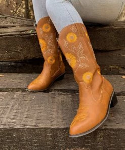 YL New In Shoes En Bloom | Sunflower Mid-Calf Cowboy Boots - Tan