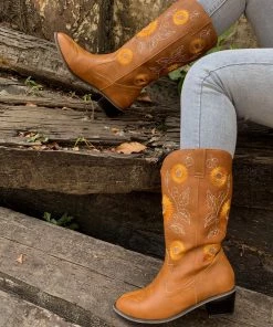 YL New In Shoes En Bloom | Sunflower Mid-Calf Cowboy Boots - Tan