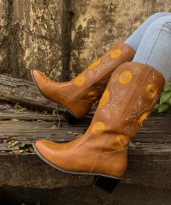 YL New In Shoes En Bloom | Sunflower Mid-Calf Cowboy Boots - Tan