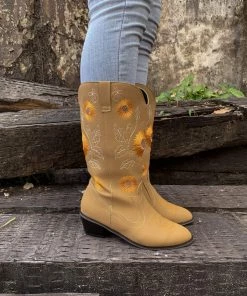 YL En Bloom | Sunflower Mid-Calf Knee Cowboy Boots - Beige